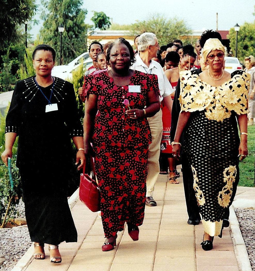 Botswana government minister Dr. Margaret Nasha (center) arrives for the jubilee celebrations with the vice-chairman of the National Spiritual Assembly of the Baha'is of Botswana, Sheila Barongwi (left), and Assembly member Esther Moncho. Photo by Linda Blair.