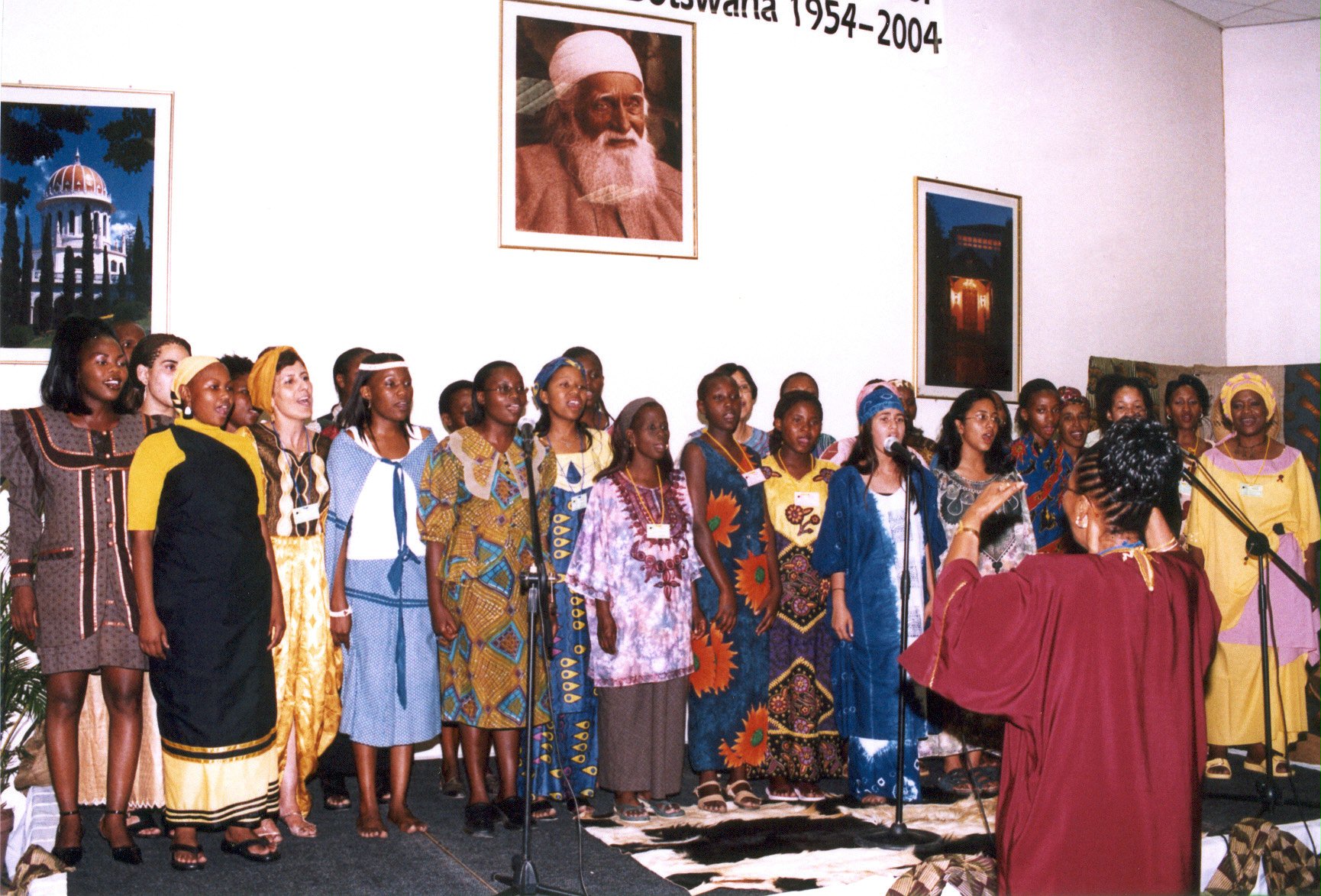 Esther Moncho (right, foreground) moulded a group of amateur singers into an inspiring national choir for the Botswana Baha'i jubilee celebrations.