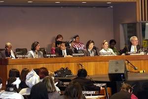 Participants in the observance of International Women's Day at the United Nations. Second from the left is Bani Dugal, the Principal Representative of the Baha'i International Community to the United Nations.