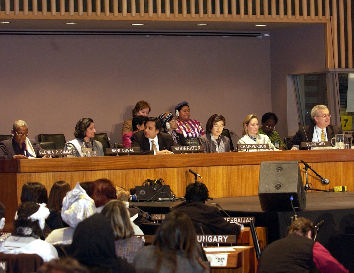 Participants in the observance of International Women's Day at the United Nations. Second from the left is Bani Dugal, the Principal Representative of the Baha'i International Community to the United Nations.