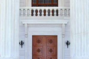 The entrance to the Seat of the Universal House of Justice, the home of the Baha'i Faith's international governing body.