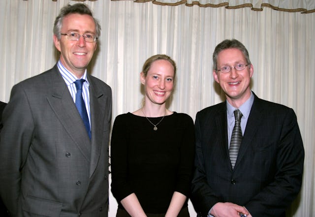 At the Naw-Ruz reception at the British Paliament: (left to right) Tim Morris of the British Foreign Office, Mieko Bond, director of the Baha'i Office for the Advancement of Women in the United Kingdom, and Lembit Opik MP, chair of the All Party Parliamentary Friends of the Baha'i Faith.