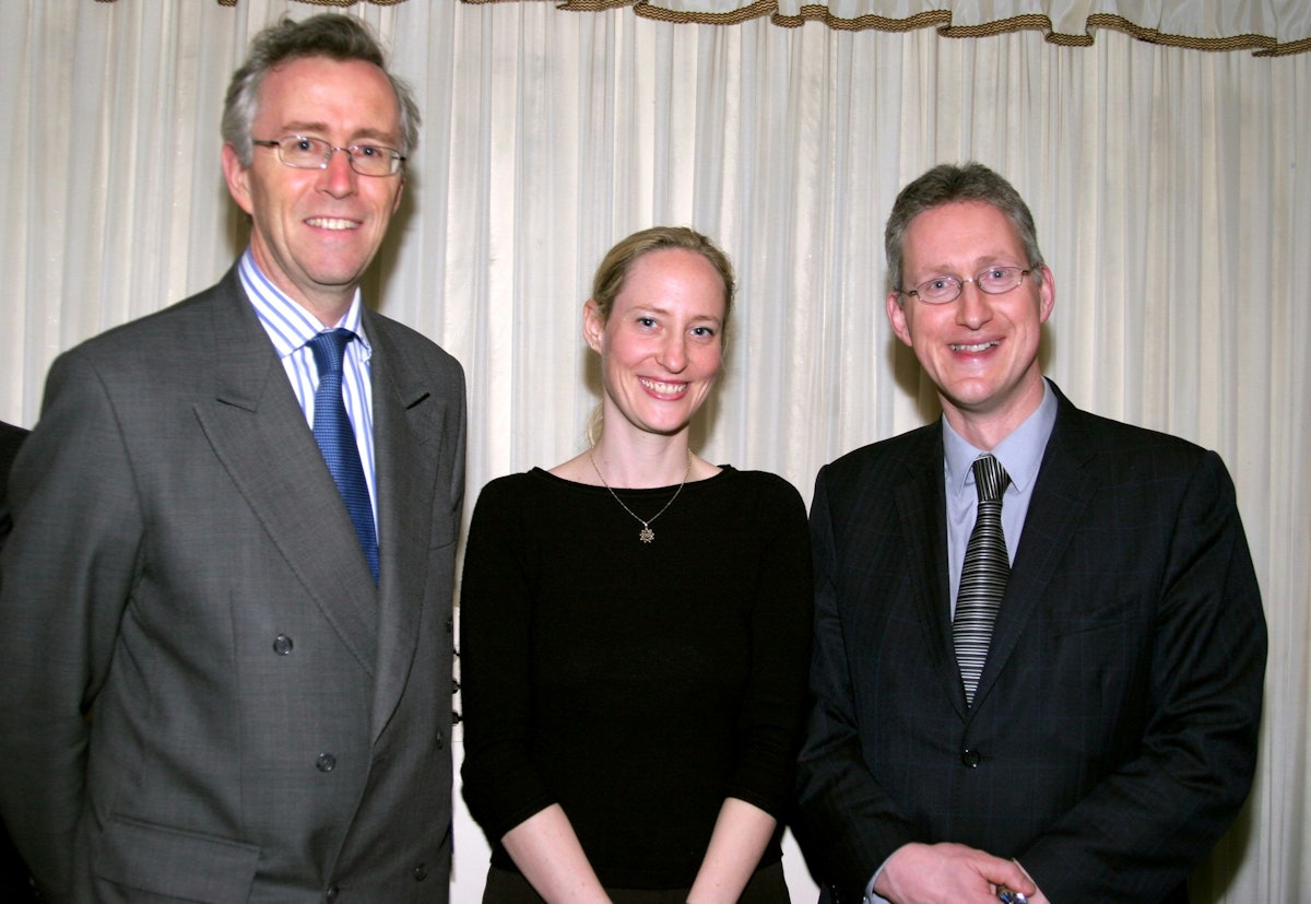 At the Naw-Ruz reception at the British Paliament: (left to right) Tim Morris of the British Foreign Office, Mieko Bond, director of the Baha'i Office for the Advancement of Women in the United Kingdom, and Lembit Opik MP, chair of the All Party Parliamentary Friends of the Baha'i Faith.