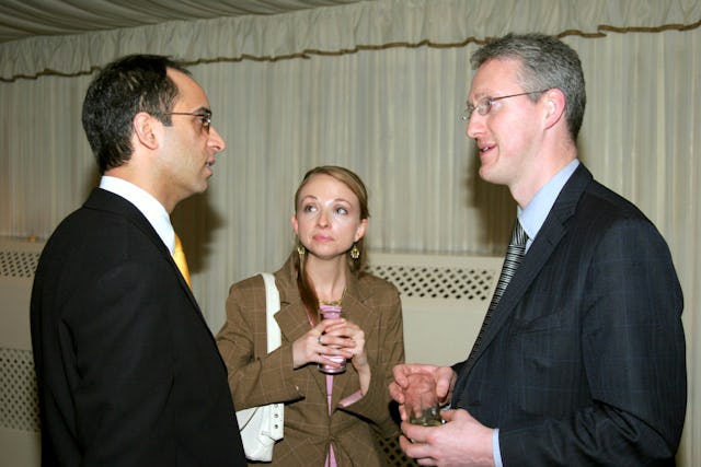 At the Naw-Ruz reception at the British Paliament: (left to right): Inder Manocha, master of ceremonies, Meghan Morris, a Baha'i representative, and Lembit Opik MP, chair of the All Party Parliamentary Friends of the Baha'i Faith.