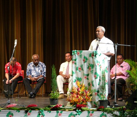 At the 80th anniversary celebrations of the Fijian Baha'i community, some Fijian Baha'is gave accounts of the history of the Faith in their country : (left to right) Yee Wah Seng, Victor Williams, Mr. Lepani, Apisai Matau (at the lectern), Aisaia Aisake.