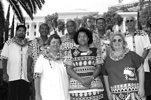Seven members of the National Spiritual Assembly of the Baha'is of Fiji at the International Baha'i Convention, Baha'i World Centre, Haifa, Israel, 1998.