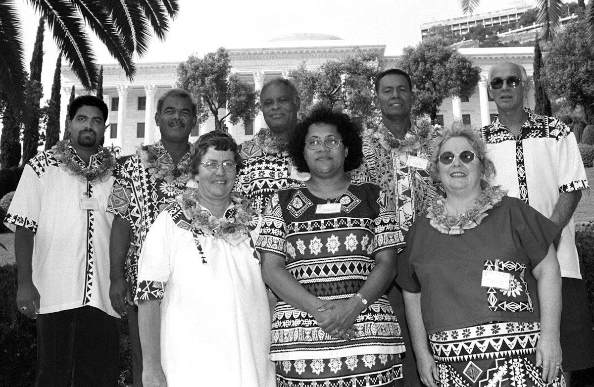 Seven members of the National Spiritual Assembly of the Baha'is of Fiji at the International Baha'i Convention, Baha'i World Centre, Haifa, Israel, 1998.
