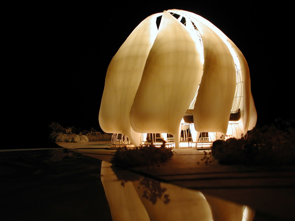 A model of the Baha'i House of Worship for South America as it will appear at night.