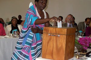 One of the delegates casting her vote in May 2005 for the National Spiritual Assembly of the Baha'is of South Africa.
