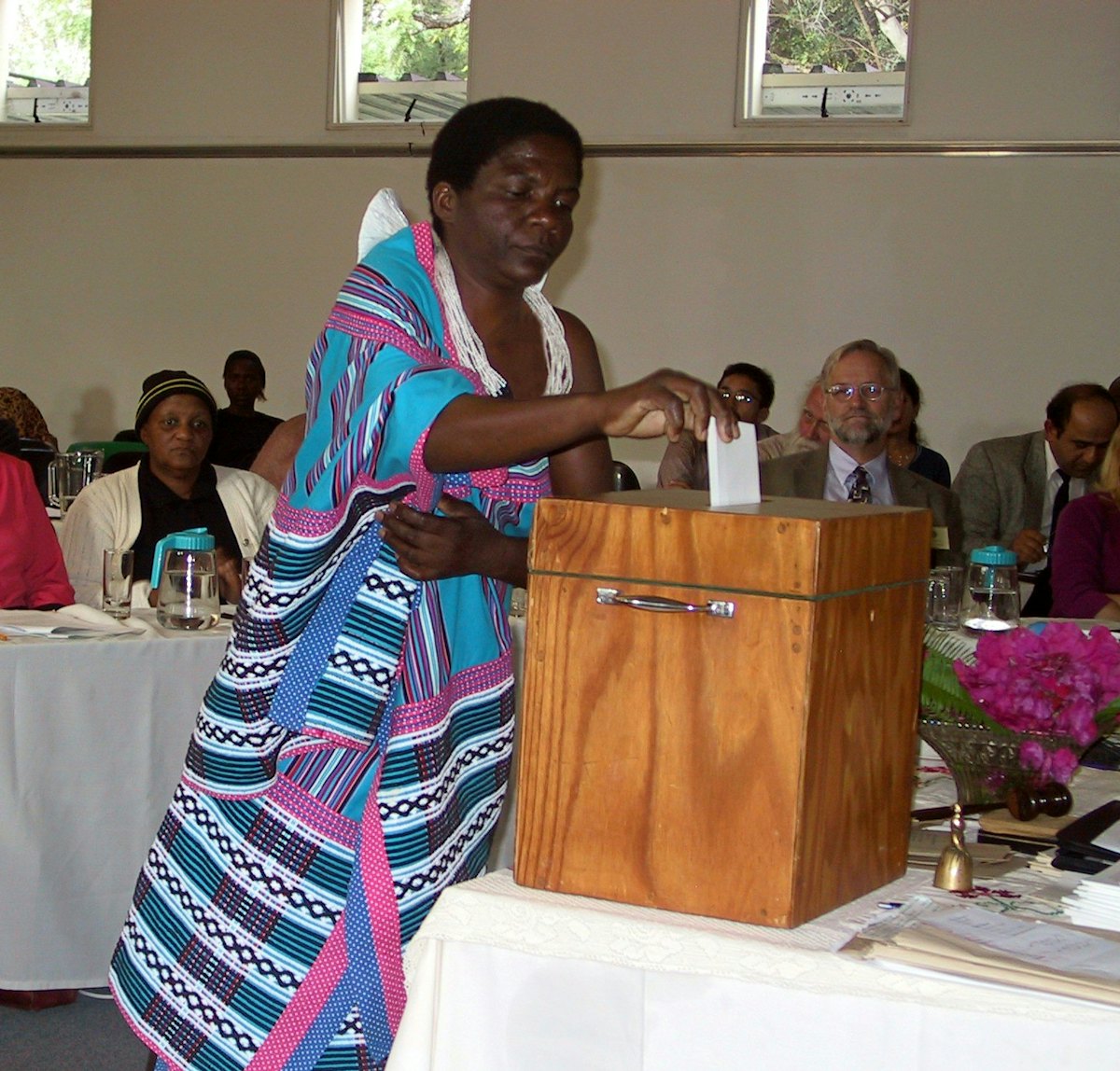 One of the delegates casting her vote in May 2005 for the National Spiritual Assembly of the Baha'is of South Africa.