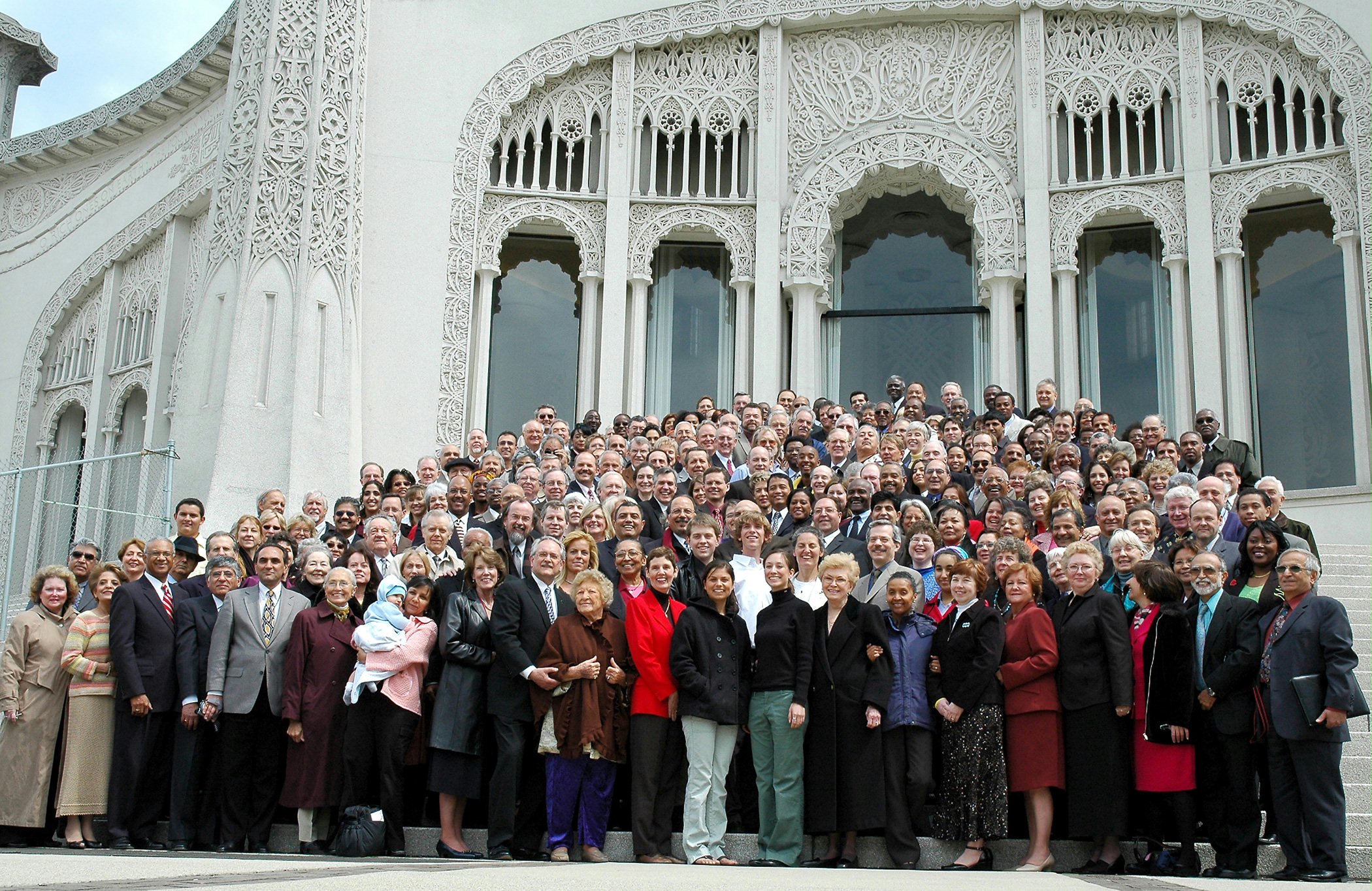 Delegates and observers at the 2005 national convention of the Baha'is of the United States pictured outside the Baha'i House of Worship in Wilmette, Illinois. Photo by Eric Van Zanten.