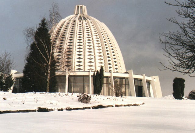 A winter view of the Baha'i House of Worship at Langehain, Germany.