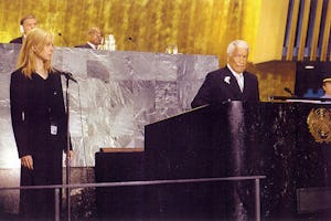 Earl Cameron acting in the movie "The Interpreter" as president of an African country who is addressing the United Nations. At left in this scene is Oscar-winning actor Nicole Kidman. Photo courtesy of Universal Studios.