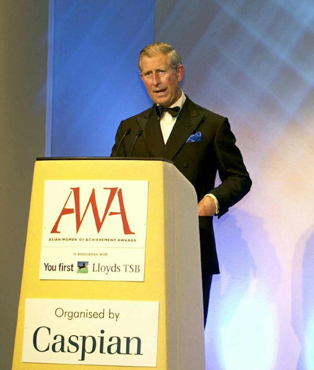 The Prince of Wales, Prince Charles, addressing the Asian Women of Achievement Awards ceremony, 2005. Photo courtesy of Asian Women of Achievement Awards.