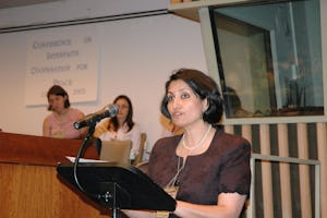 The Baha'i International Community's principal representative to the United Nations, Bani Dugal, addressing the interfaith conference.