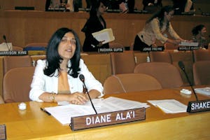 Diane Ala'i, a representative of the Baha'i International Community to the United Nations in Geneva, prepares for her role as an "active participant" on 23 June 2005 at the United Nations during informal interactive hearings with the UN General Assembly.
