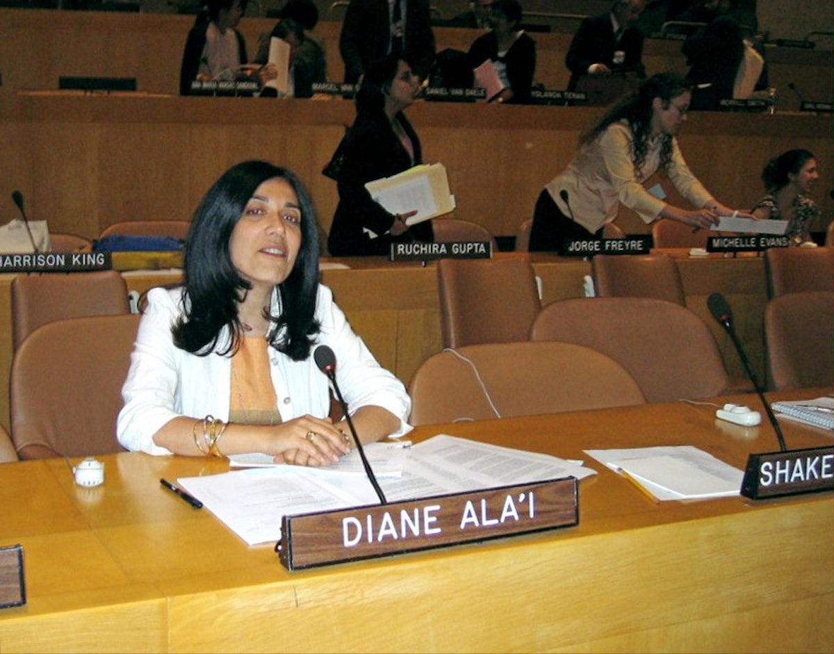 Diane Ala'i, a representative of the Baha'i International Community to the United Nations in Geneva, prepares for her role as an "active participant" on 23 June 2005 at the United Nations during informal interactive hearings with the UN General Assembly.
