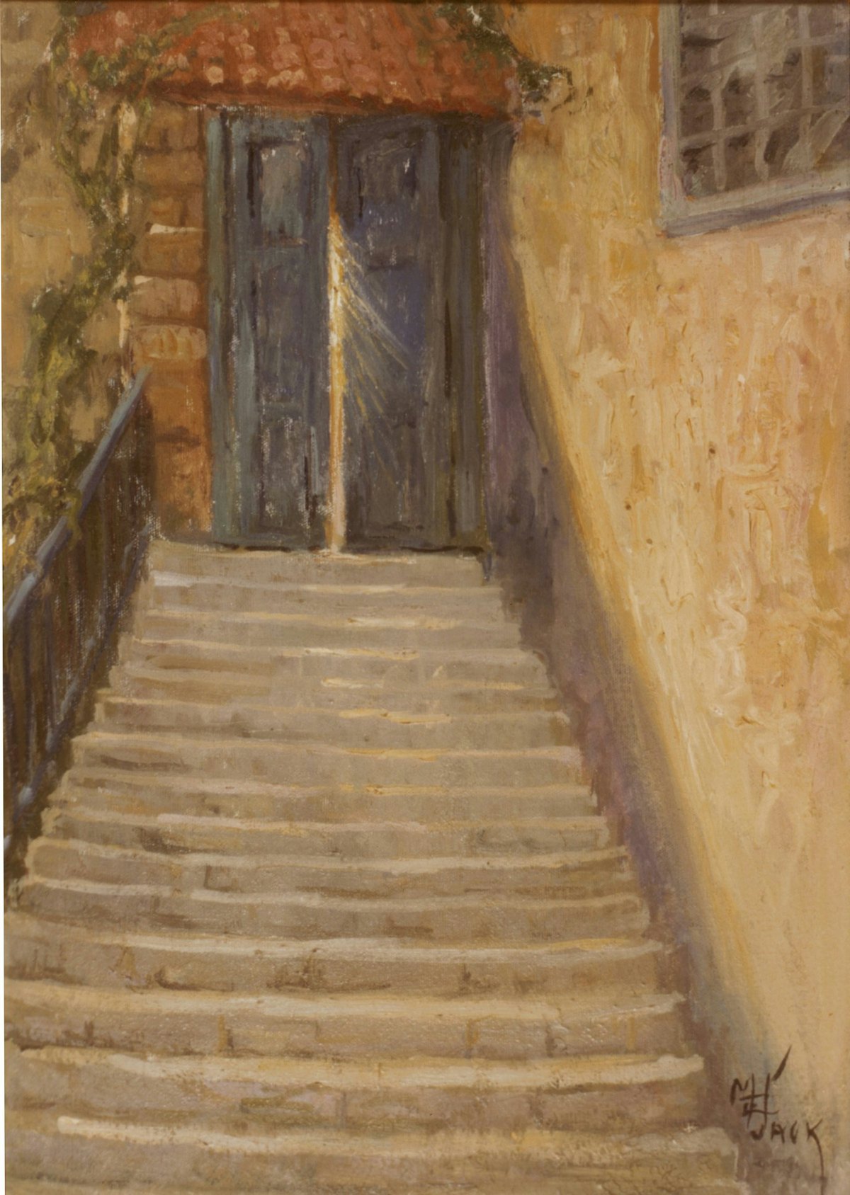 Light shines through the door leading to the living quarters of 'Abdu'l-Baha in Marion Jack's 1908 painting of a scene at the House of 'Abdu'llah Pasha, Acre.