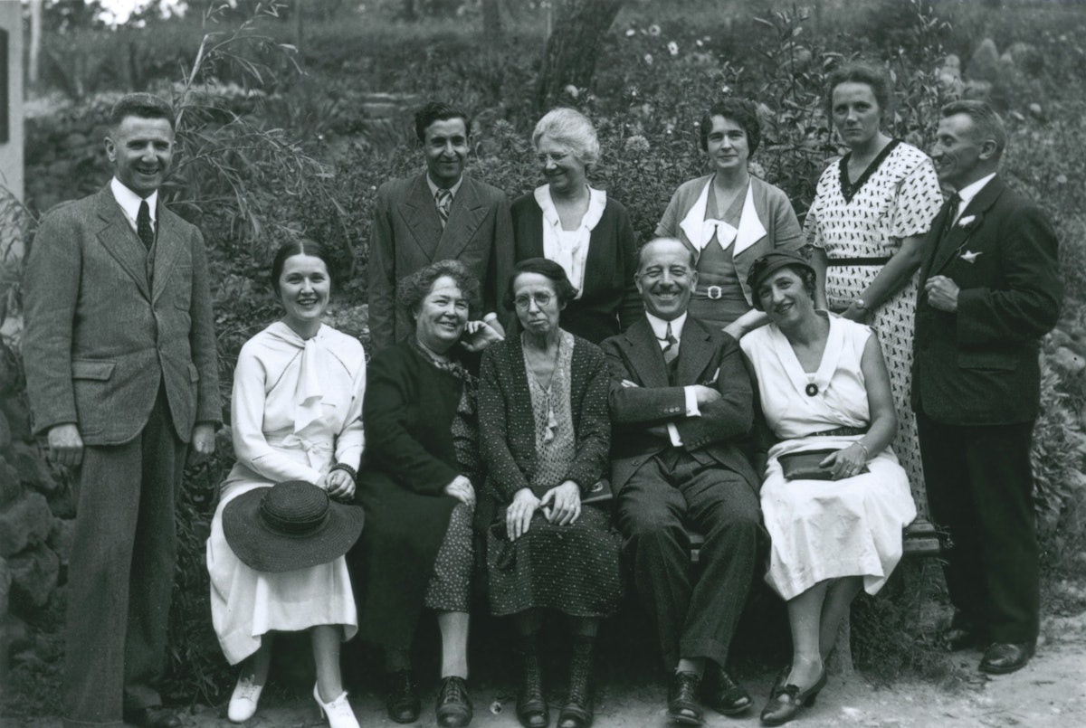 Amelia Collins, later named a Hand of the Cause of God (standing third from left), is pictured in Esslingen, Germany, 1933 with a Baha'i group that includes two pioneers to Bulgaria: Marion Jack (seated second from left) and Louisa Mathew Gregory (seated third from left).