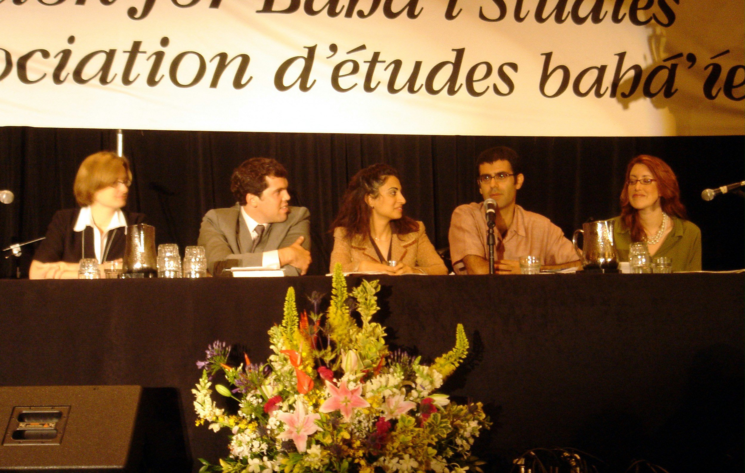 Five young scholars closed the conference discussing "Walking the Academic Path with Baha'i Feet." From left to right: Julia Berger, Jose Uribe, panel chair Nava Ashraf, Arash Abizadeh, and Stephanie Urie.