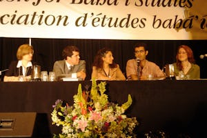 Five young scholars closed the conference discussing "Walking the Academic Path with Baha'i Feet." From left to right: Julia Berger, Jose Uribe, panel chair Nava Ashraf, Arash Abizadeh, and Stephanie Urie.