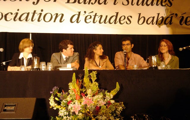 Five young scholars closed the conference discussing "Walking the Academic Path with Baha'i Feet." From left to right: Julia Berger, Jose Uribe, panel chair Nava Ashraf, Arash Abizadeh, and Stephanie Urie.