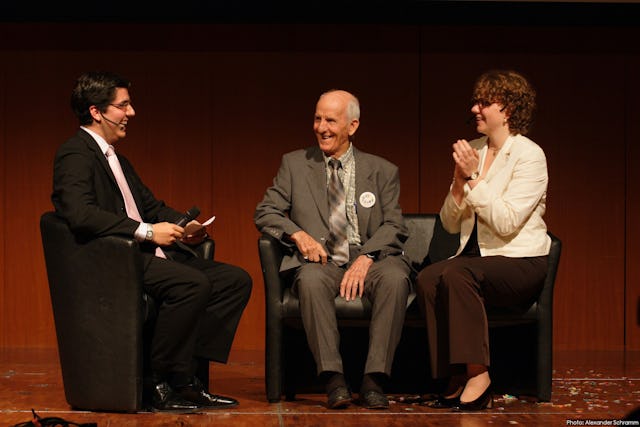 John Eichenauer, center, was interviewed about the role he played just after World War II in helping the German Baha'i community re-establish itself. A United States soldier stationed in occupied post-war Germany, Mr. Eichenauer made efforts to track down Baha'is in Stuttgart and re-connect them with the outside world.