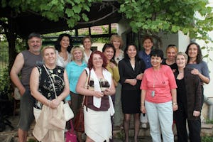 Members of the Sofia study circle with others at a session to study spiritual virtues.