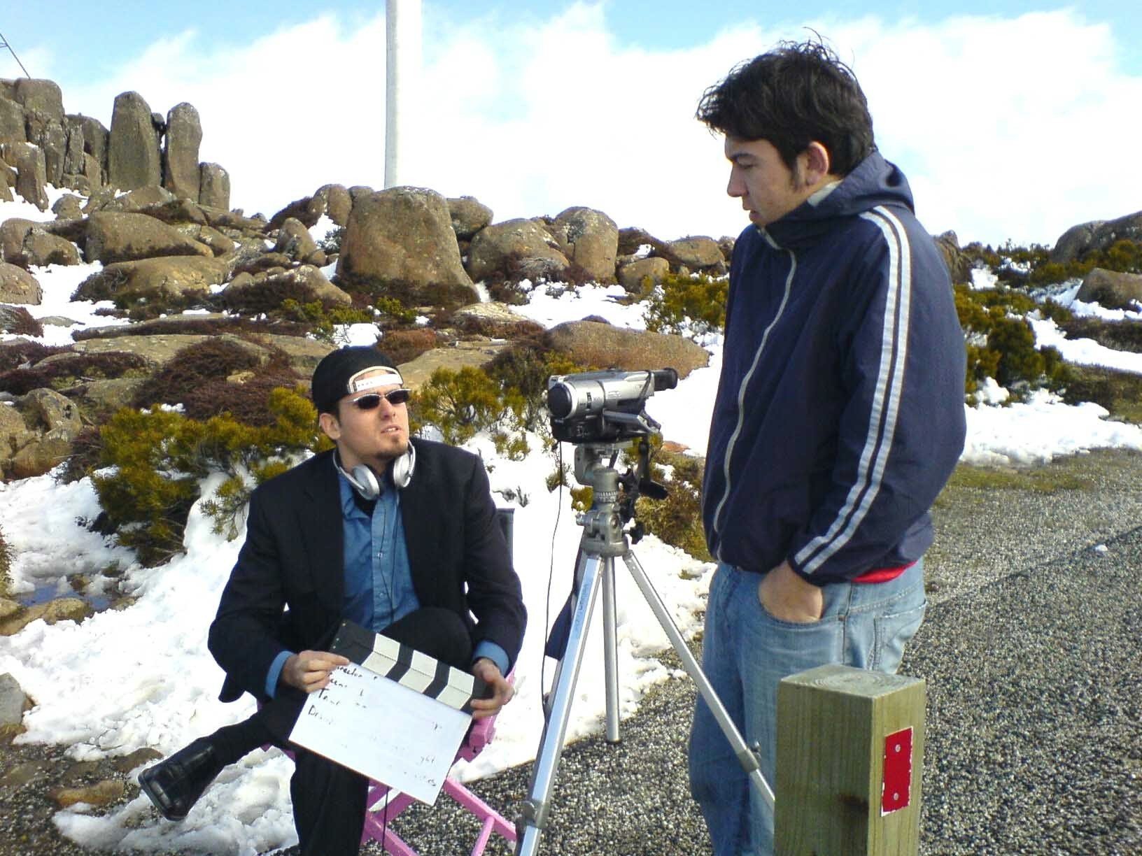 Salman Stevenson (left) and Anise Pertl on location for the filming of the comedy "Footsteps Femme Fatale," a film screened at the Harmony Festival in Australia.