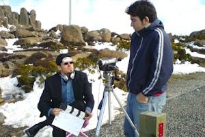 Salman Stevenson (left) and Anise Pertl on location for the filming of the comedy "Footsteps Femme Fatale," a film screened at the Harmony Festival in Australia.