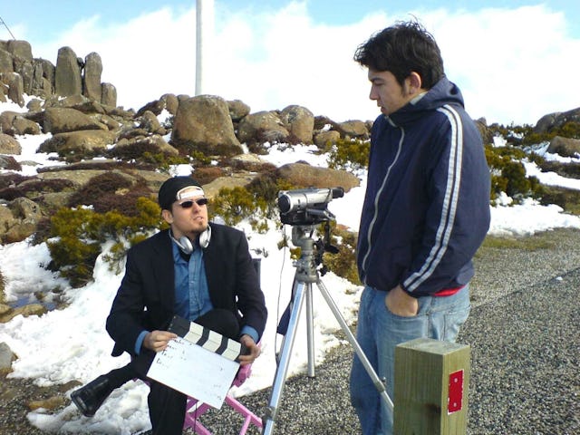 Salman Stevenson (left) and Anise Pertl on location for the filming of the comedy "Footsteps Femme Fatale," a film screened at the Harmony Festival in Australia.