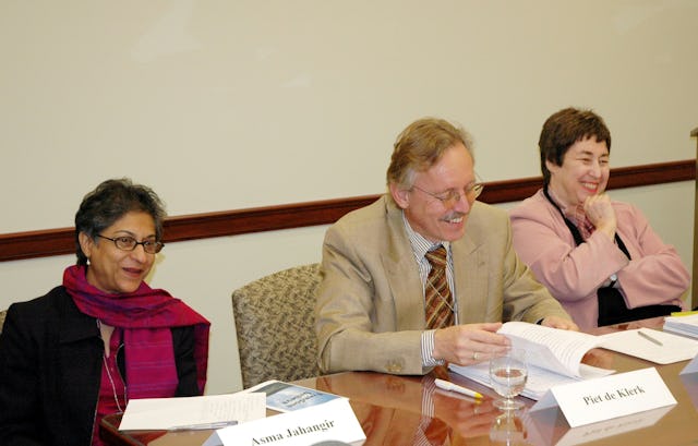 The panel at the symposium on "Freedom to Believe: Upholding the Standard of the Universal Declaration of Human Rights." (Left to right) Asma Jahangir, the United Nations Special Rapporteur on Freedom of Religion or Belief; Piet de Klerk, Netherlands' Ambassador at Large for Human Rights; Felice Gaer, Director of the Jacob Blaustein Institute for the Advancement of Human Rights.