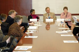Bani Dugal (right), the principal representative of the Baha'i International Community to the United Nations, chaired the symposium "Freedom to Believe: Upholding the Standard of the Universal Declaration of Human Rights."