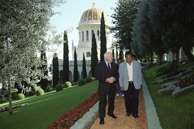 President Kessai Note of the Marshall Islands, right, and the deputy secretary-general of the Baha'i International Community, Murray Smith, near the Shrine of the Bab.