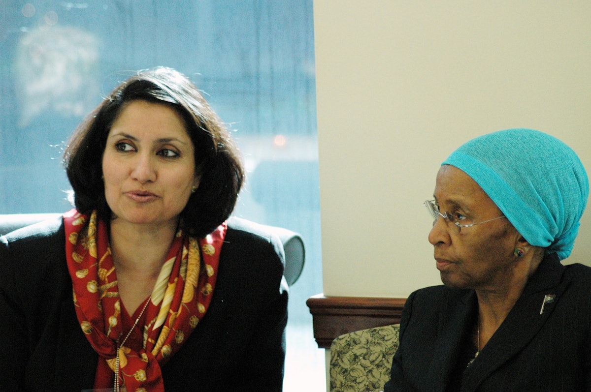 Bani Dugal, principal representative of the Baha'i International Community to the United Nations, left, with South African First Lady Zanele Mbeki during a luncheon on 28 February 2006 at the Baha'i International Community offices in New York. More than 25 people attended, including representatives of the Mission of South Africa to the United Nations, the Mission of India to the United Nations, and various NGOs. Mrs. Mbeki spoke about a new program she has founded, South African Women in Dialogue (SAWID).