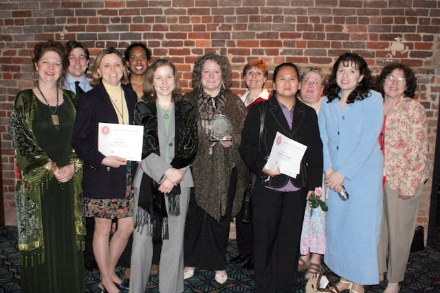 A group photograph of the Baha'is who attended the national Religion Communicators Council convention in Dallas, Texas, USA, this year. Shown left to right are: Anne Gordon Perry, Aaron Kreader, Ellen Price, Tiffany Walters, Mandy Morgan, Patricia Tomarelli, Joyce Litoff, Amethel Parel-Sewell, Susan Engle, Amy Renshaw, and Urla Morgan.