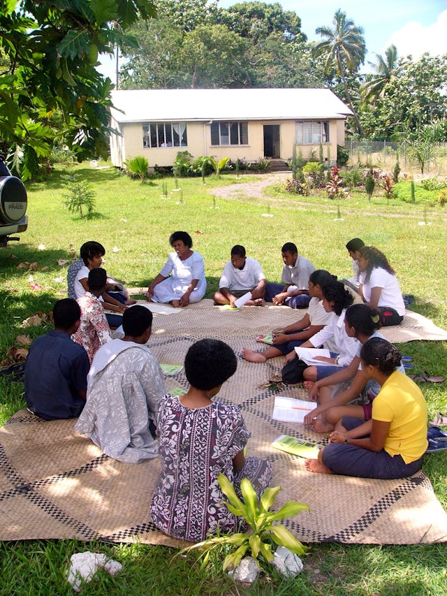 The latest volume of The Baha'i World offers researchers, academics, and the general public a glimpse of Baha'i activities around the world during the past year. Shown here is a study circle at the Baha'i center in Suva, Fiji, in March 2005.