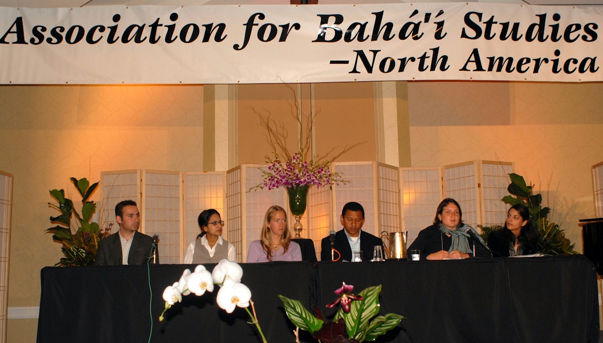 A panel discussion by young scholars was among the events at the 30th annual Association for Baha'i Studies conference. Shown left to right are: David Diehl, Shabnam Azad, Anne Gillette, William Silva, Rachel Enslow, and Shahla Ali. (Photo by Courosh Mehanian)