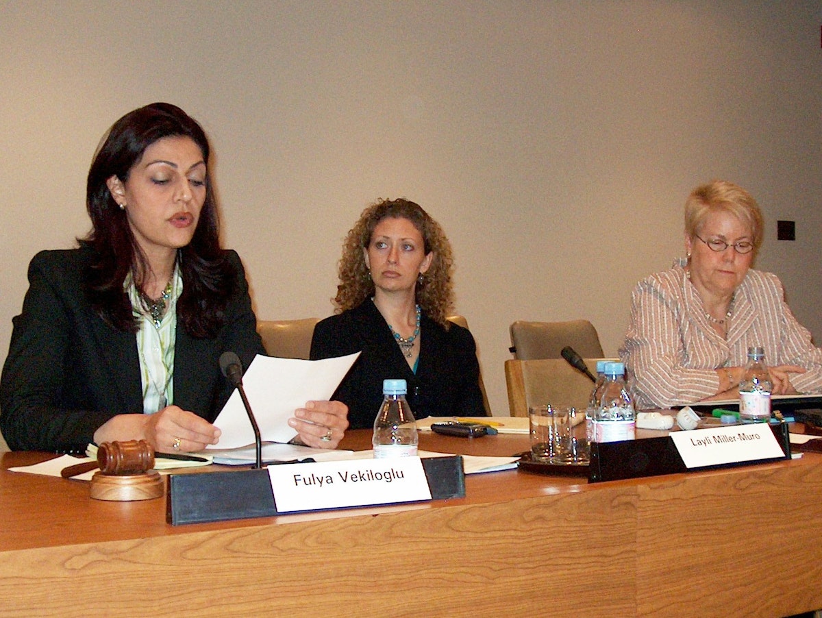 Fulya Vekiloglu, Layli Miller-Muro, and Charlotte Bunch, left to right, were among the speakers on an 8 September 2006 panel discussion at the United Nations on "Beyond Violence Prevention: Creating a Culture to Enable Women's Security and Development."