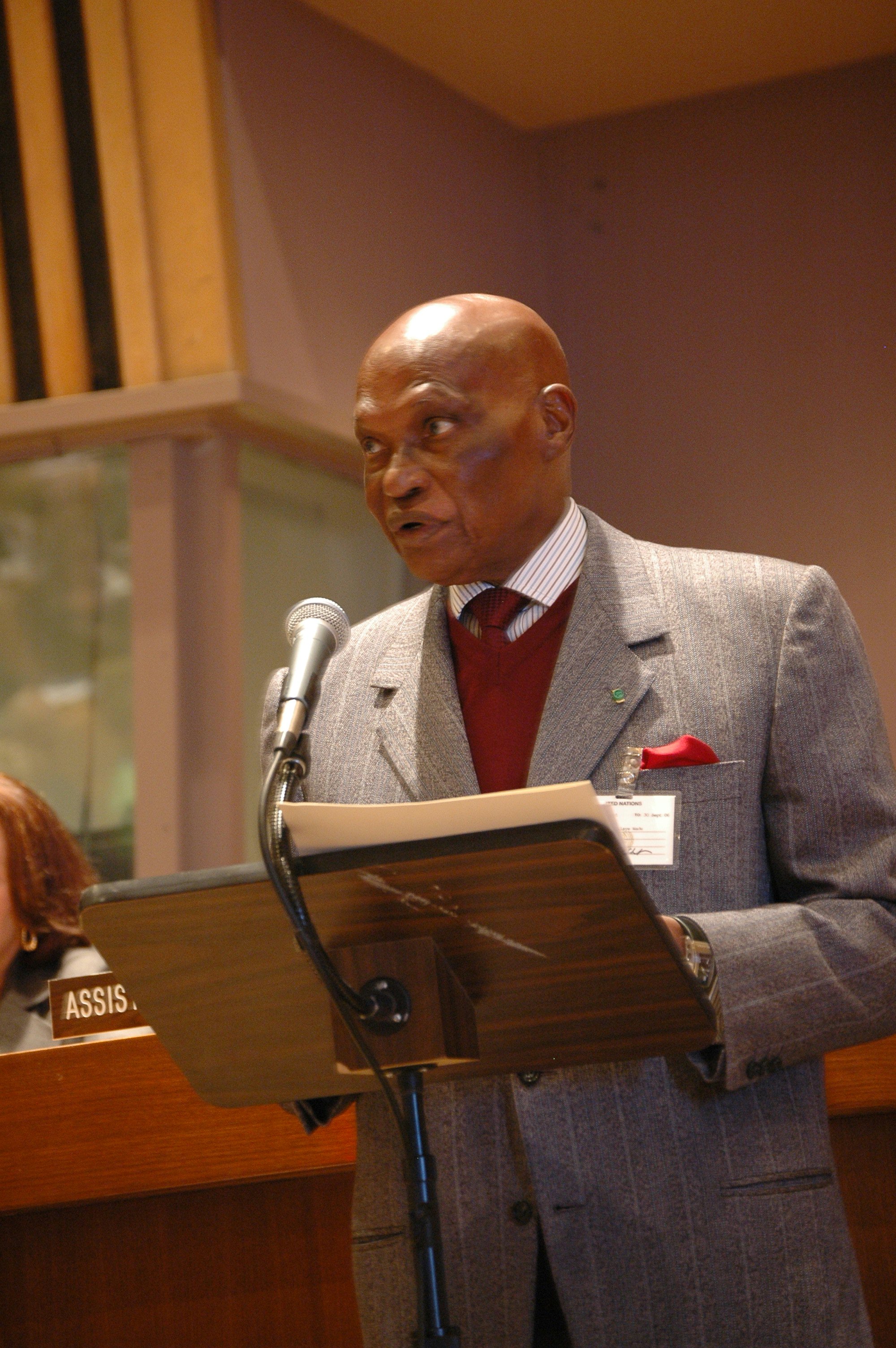 Abdoulaye Wade, president of Senegal, delivers the keynote address at the UN Conference on Interfaith Cooperation for Peace. (Photograph by Bud Heckman)