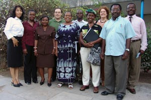 Panelists and Baha'is, from left to right: Ms. Mitra Deliri, Director of the Office of External Affairs; Ms. Shalli Tumaini, Minister of Gender and Women's Empowerment for the University of Dar es Salaam student government; Ms. Stella M. Manyanya, member of Parliament; Mr. Bryan Tribble, Office of External Affairs; Dr. Adeline Kimambo, Christian Social Services Council (CSSC); Mr. Killian Nangu, Youth of United Nations Association of Tanzania (YUNA); Ms. Elieshi Lema, publisher & author of "Parched Earth"; Ms. Sohaila Loftus, Baha'is of Tanzania; Dr. J. Mwami, senior lecturer of the Department of Sociology & Anthropology at the University of Dar es Salaam; and Mr. Mlongetcha Mkuku, Chairman for the event from the Baha'is of Tanzania.