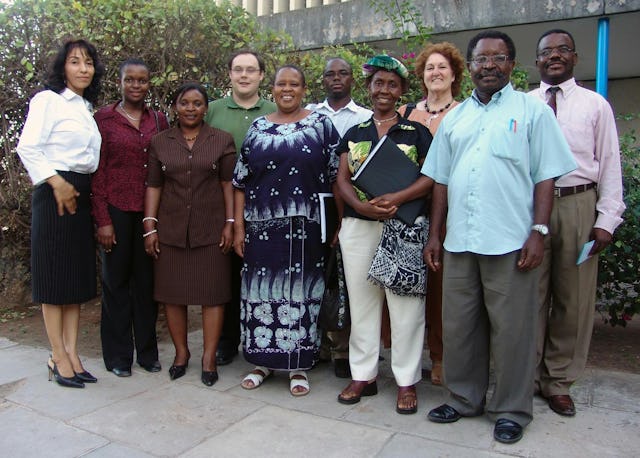 Panelists and Baha'is, from left to right: Ms. Mitra Deliri, Director of the Office of External Affairs; Ms. Shalli Tumaini, Minister of Gender and Women's Empowerment for the University of Dar es Salaam student government; Ms. Stella M. Manyanya, member of Parliament; Mr. Bryan Tribble, Office of External Affairs; Dr. Adeline Kimambo, Christian Social Services Council (CSSC); Mr. Killian Nangu, Youth of United Nations Association of Tanzania (YUNA); Ms. Elieshi Lema, publisher & author of "Parched Earth"; Ms. Sohaila Loftus, Baha'is of Tanzania; Dr. J. Mwami, senior lecturer of the Department of Sociology & Anthropology at the University of Dar es Salaam; and Mr. Mlongetcha Mkuku, Chairman for the event from the Baha'is of Tanzania.