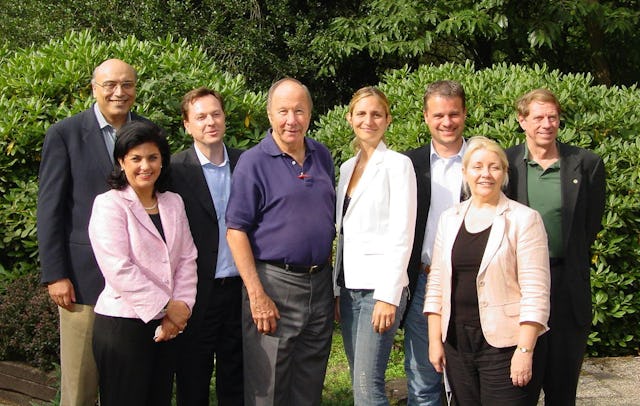 The board of EBBF, including nominated members, from left to right: Faramarz Ettehadieh, Zarin Buckingham, Daniel Truran, George Starcher, Elisa Mallis, Ruediger Fox, Wendi Momen, and Arthur Dahl. Beppe Robiati is not in the photograph.