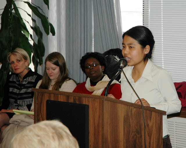 Ahenleima Koijam, a 16-year-old student from Imphal, India, who has been working with children and youth groups since 2003, speaks at a workshop on "Gender-Based Violence: Consequences Across the Life Span," held on 1 March at the UN Church Center during the 2007 Commission on the Status of Women.