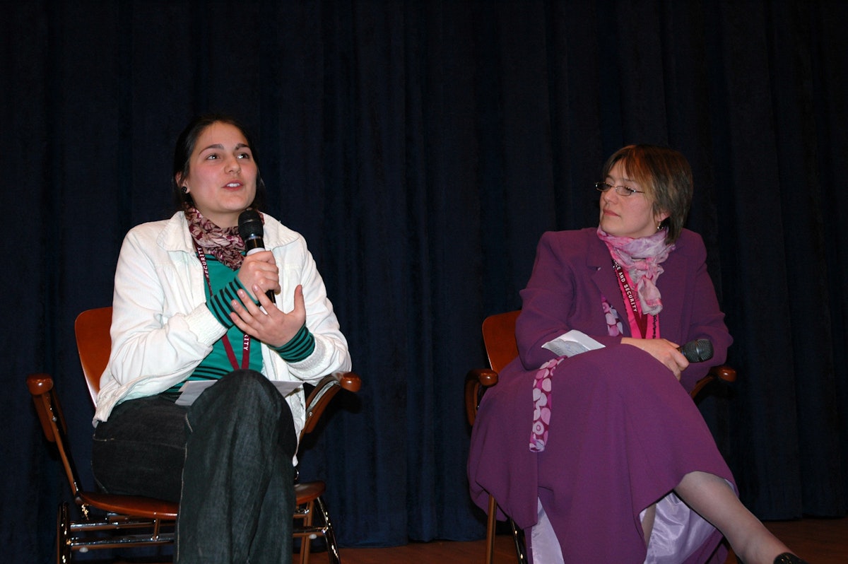 Anisa Fadaei, 17, left, on stage at the UN's Dag Hammarskjold Auditorium, with her mother, Zarin Hainsworth Fadaei, for a discussion on 1 March 2007 at the Commission on the Status of Women on the topic of "Eliminating Violence across Generations." Anisa and her mother were among the some 48 Baha'is who attended the Commission this year.