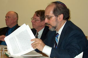 Panel members at a discussion of moral questions resulting from climate change included, from left, Don Brown of the Collaborate Program on the Ethical Dimensions of Climate Change, Arthur Lyon Dahl of the International Environment Forum, and Rabbi Lawrence Troster of GreenFaith.