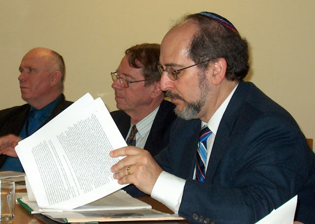 Panel members at a discussion of moral questions resulting from climate change included, from left, Don Brown of the Collaborate Program on the Ethical Dimensions of Climate Change, Arthur Lyon Dahl of the International Environment Forum, and Rabbi Lawrence Troster of GreenFaith.