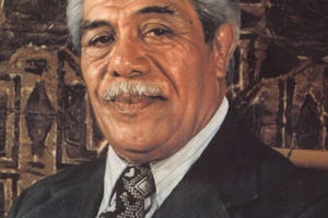 Painting of His Highness Susuga Malietoa Tanumafili II done by Duffy Sheridan for 25th anniversary of Samoan independence. Copyright Duffy Sheridan. Used by permission.