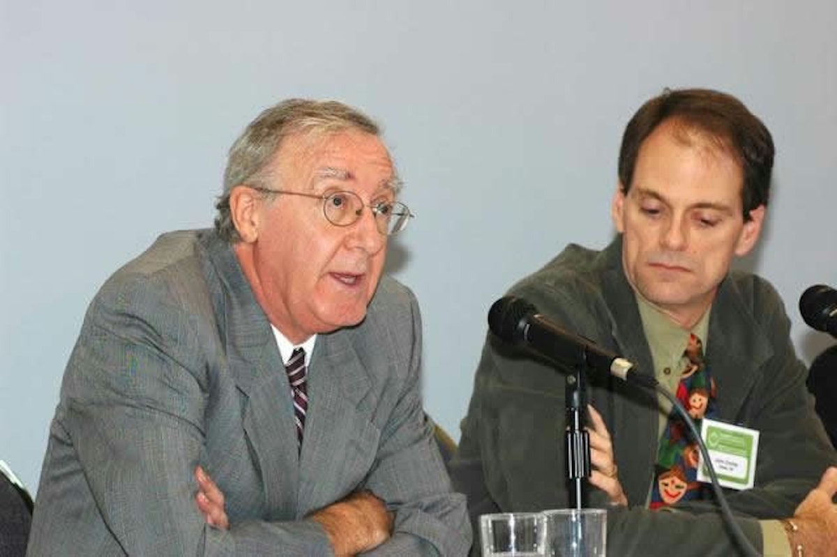 John Stone and John Crump answer questions at the 11th annual conference of the International Environment Forum in Ottawa.