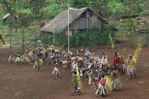 Residents and visitors join to celebrate the opening of new classrooms at a remote school operated by Baha'is in Milne Bay Province of Papua New Guinea. The photo was taken from a helicopter that was bringing special guests to the event.